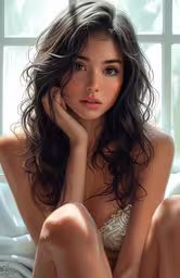 beautiful brunette posing naked in white lingerie in front of windows,woman with long hair sitting on a bed wearing lingerie