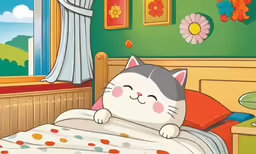 there is a cat that is sleeping in the bed