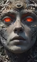 a woman with red eyes and chains around her neck