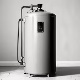 a large gray and white water heater on a stone floor