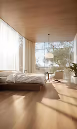 a bed room with a neatly made bed and wooden floors