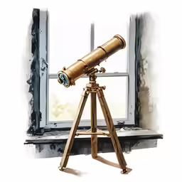 an old telescope sitting on top of a wooden stand