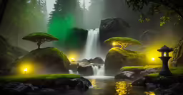 a waterfall, a lamp, a bridge and some rocks in the woods