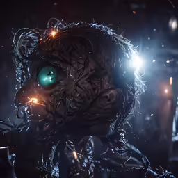 an illustration of the character with glowing eyes looking at something