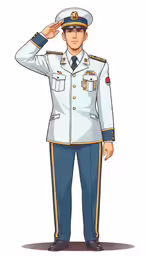 an air force commander in blue uniform saluting