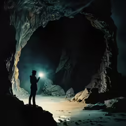 the man holds his illuminated flashlight up in front of a dark cave