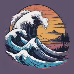 an illustration of waves crashing in front of the sunset,an ocean wave with the sunset in the background