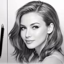 a woman that is looking at the camera with pen in hand