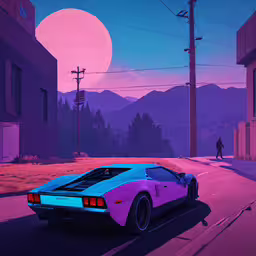 the blue and pink sports car is on the street,a pink and blue car is on the road