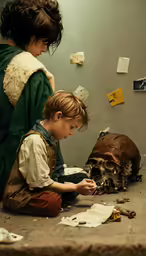 a young boy works with an adult skull on the ground