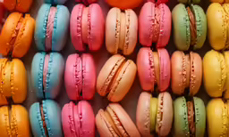 several macarons are lined up and there is only one macaroon left