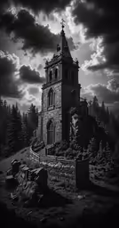 black and white photo of a tower with trees on top