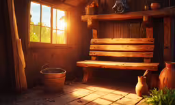 the room has wooden furniture and a window with the sun shining,a wooden bench sitting next to a window in a room