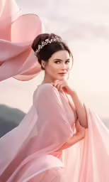 the woman is posing with her hair in a low bun