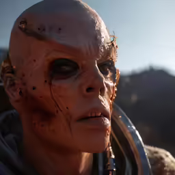 a person with makeup and a shaved head wearing a jacket