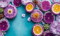 a group of grapefruit cut in half on top of a blue surface