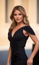 a woman in black dress posing for the camera