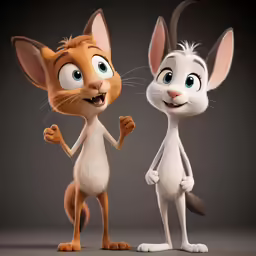 an animated cartoon rabbit and a rat stand in a pose