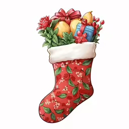 a christmas stocking that has many gifts on it