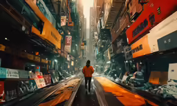 a person standing in a city under yellow signs