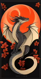an orange and black dragon on a black background with autumn leaves