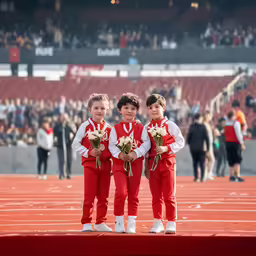 three young girls wearing red and white standing on a football field