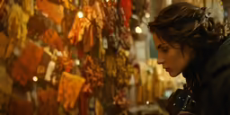 a woman standing next to a wall full of oranges and other objects