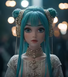 a woman wearing blue hair with a green wig