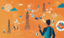 a person looking at icons surrounding a network,a man holding a smart phone in front of an orange wall