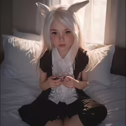 a young girl dressed in white has her eyes open as she sits on a bed