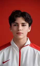 a woman wearing a nike track suit in front of a red wall