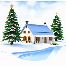 an house in a winter landscape with trees