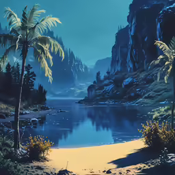 a painting of trees and the sky with a blue background
