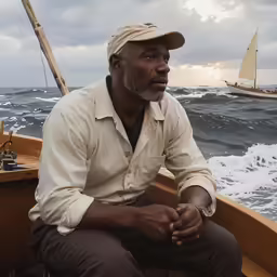 a man sitting in a boat with other boats in the background