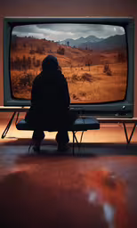 someone sitting in front of an old tv with the back light on,a person watching television with the sun setting on the hills in the background