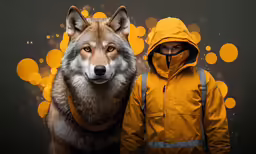 two men in coats with a large wolf standing behind them