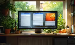 computer monitor with two screens next to a window