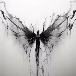 black and white photo of a girl with large wings