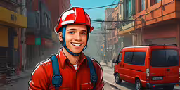 a cartoon of a smiling worker standing in front of a city street,an animated image of a man wearing a safety helmet and carrying a backpack