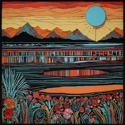 an image of a painting on paper that is on the ground,a colorful painting with mountains in the background