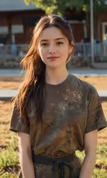 girl in brown t - shirt posing in front of trees