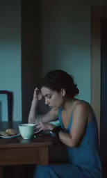 the woman in the blue dress is eating her meal at a wooden table