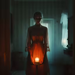 a woman holding a lantern at the end of the night,the young woman is illuminated by her lantern