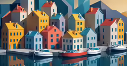a painting of several different houses along the water