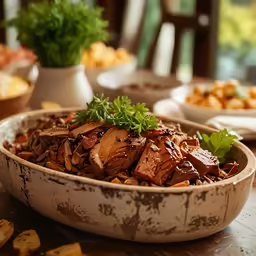 this bowl has meat with sauce on it