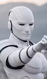 a man wearing white and black armor holding a gun