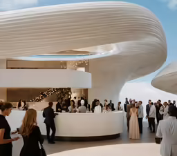 people gather inside a white round object and dine at a dinner table