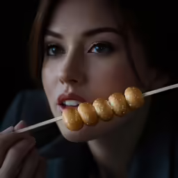 a beautiful woman holding a stick filled with donuts