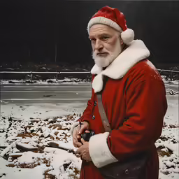 a man wearing a red suit and hat standing in the snow