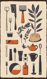 a tea towel with utensils and other kitchen items